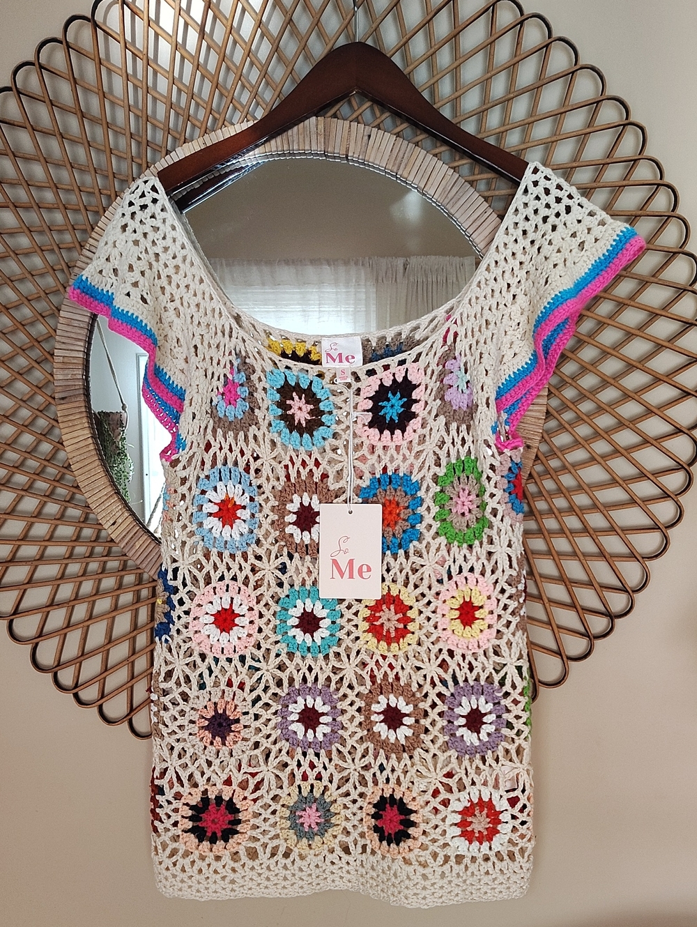 NWT! So Me Granny Square Crochet Top Flutter Sleeve Multicolor Size Small